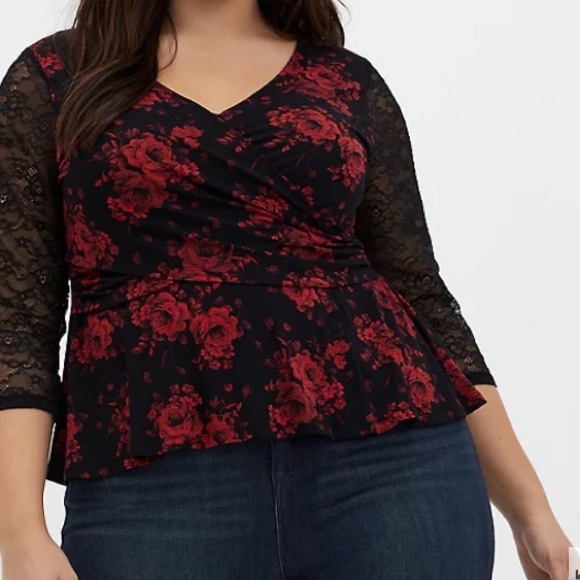 Torrid Super Soft Black Roses Lace Surplice Midi Top - Picture 8 of 15